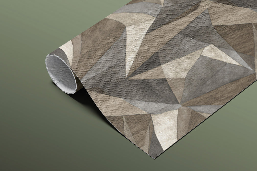 Dynamic Geometric Facet Interlocking 3D Forms Repeating Print Mural Wallpaper | Muted Greys Browns, Bold Modern