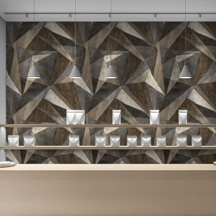 Dynamic Geometric Facet Interlocking 3D Forms Repeating Print Mural Wallpaper | Muted Greys Browns, Bold Modern