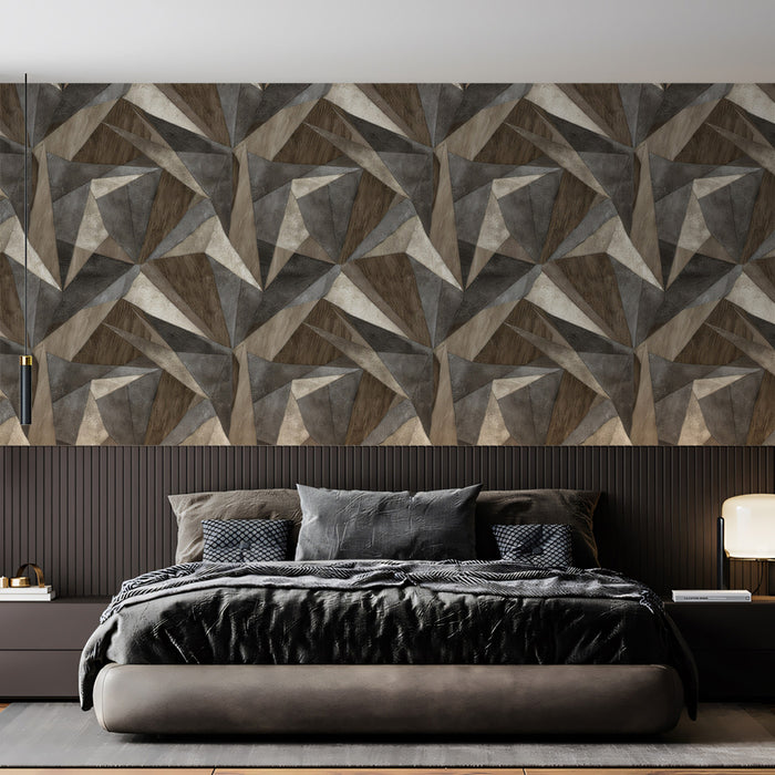 Dynamic Geometric Facet Interlocking 3D Forms Repeating Print Mural Wallpaper | Muted Greys Browns, Bold Modern