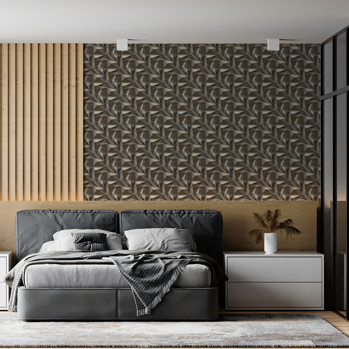 Dense Micro-Geometric Tile Fine Textured Rows Repeating Print Mural Wallpaper | Warm Greys Browns, Tailored Elegance