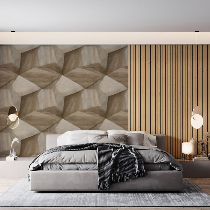 Interlocking Wood Cube Prominent 3D Geometry Repeating Print Mural Wallpaper | Earthy Neutrals, Architectural Focal Point