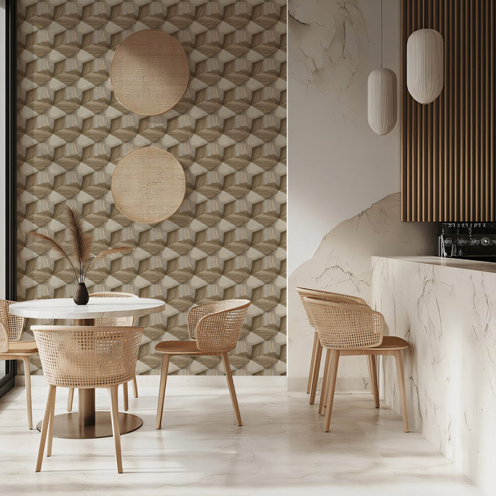 Tiny Wood Cube Mosaic Dense Geometric Texture Repeating Print Mural Wallpaper | Warm Beige Brown, Cozy Backdrop