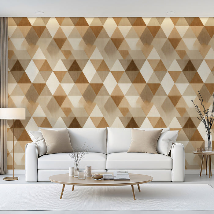 Neutral Hexagonal Grid Interlocking Triangle Mosaic Repeating Print Mural Wallpaper | Earth Tones, Soft Texture
