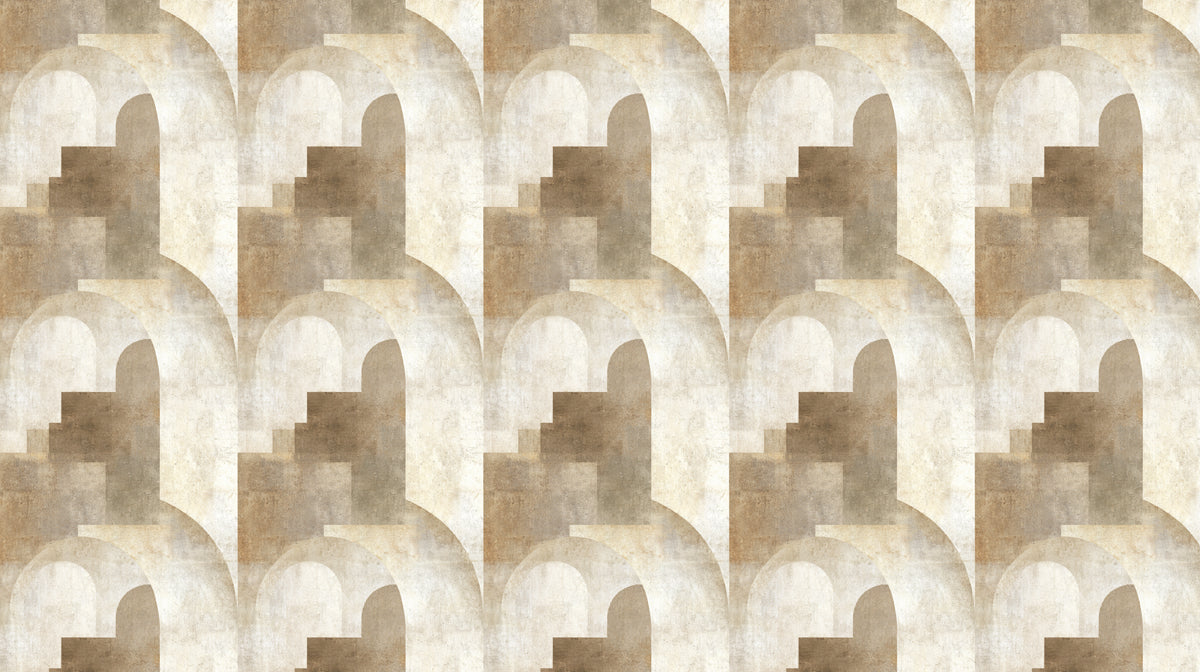 Abstract Arch & Staircase Art Deco Geometric Repeating Print Mural Wallpaper | Soft Neutrals, Architectural Depth