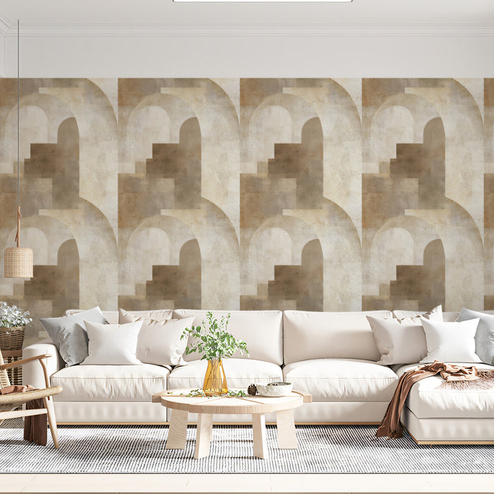 Abstract Arch & Staircase Art Deco Geometric Repeating Print Mural Wallpaper | Soft Neutrals, Architectural Depth