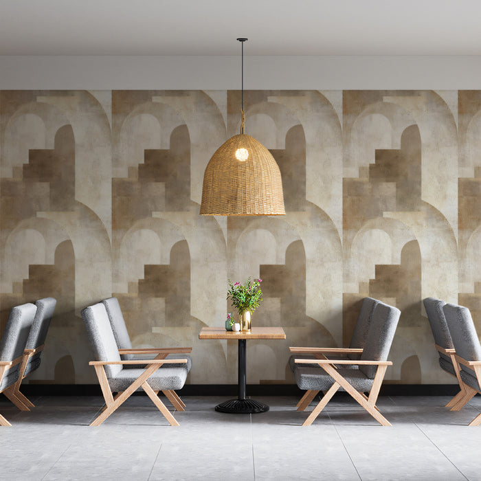 Abstract Arch & Staircase Art Deco Geometric Repeating Print Mural Wallpaper | Soft Neutrals, Architectural Depth