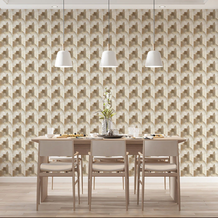 Fine Geometric Interlocking Square Mosaic Micro-3D Texture Repeating Print Mural Wallpaper | Warm Beige Tones