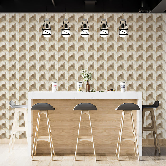 Fine Geometric Interlocking Square Mosaic Micro-3D Texture Repeating Print Mural Wallpaper | Warm Beige Tones