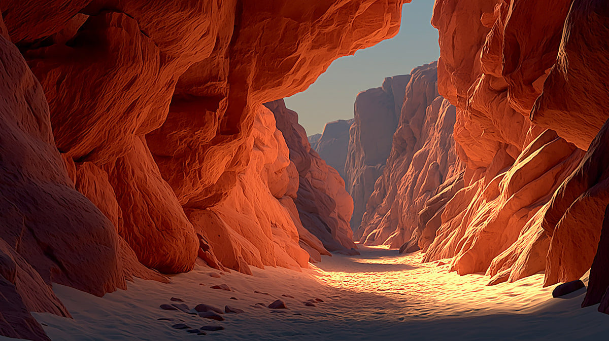 Canyon Passageway at Sunrise Dramatic Light Digital Illustration Mural Wallpaper | Terracotta Sand Hues