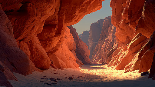 Canyon landscape wallpaper with terracotta rock walls and golden desert sand.