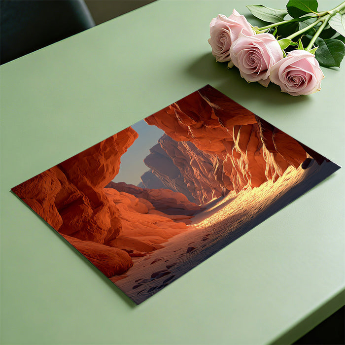 Canyon Passageway at Sunrise Dramatic Light Digital Illustration Mural Wallpaper | Terracotta Sand Hues