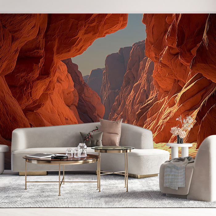 Canyon Passageway at Sunrise Dramatic Light Digital Illustration Mural Wallpaper | Terracotta Sand Hues