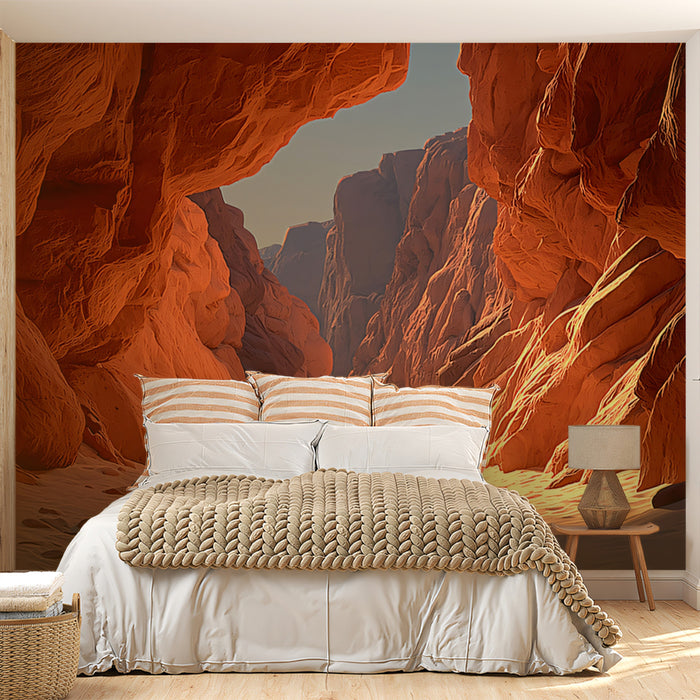 Canyon Passageway at Sunrise Dramatic Light Digital Illustration Mural Wallpaper | Terracotta Sand Hues