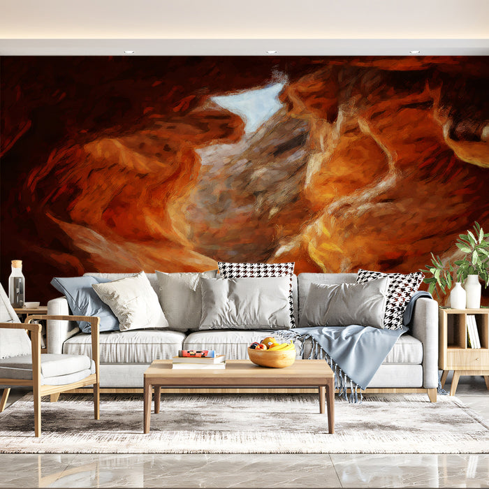 Abstract Cave Interior Oil-Style Texture Digital Painting Mural Wallpaper | Deep Earth Tones, Glimmering Light