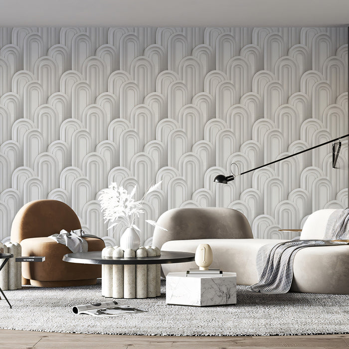 Embossed Art Deco Arch Pattern Scalloped 3D Relief Repeating Print Mural Wallpaper | Clean White Architectural
