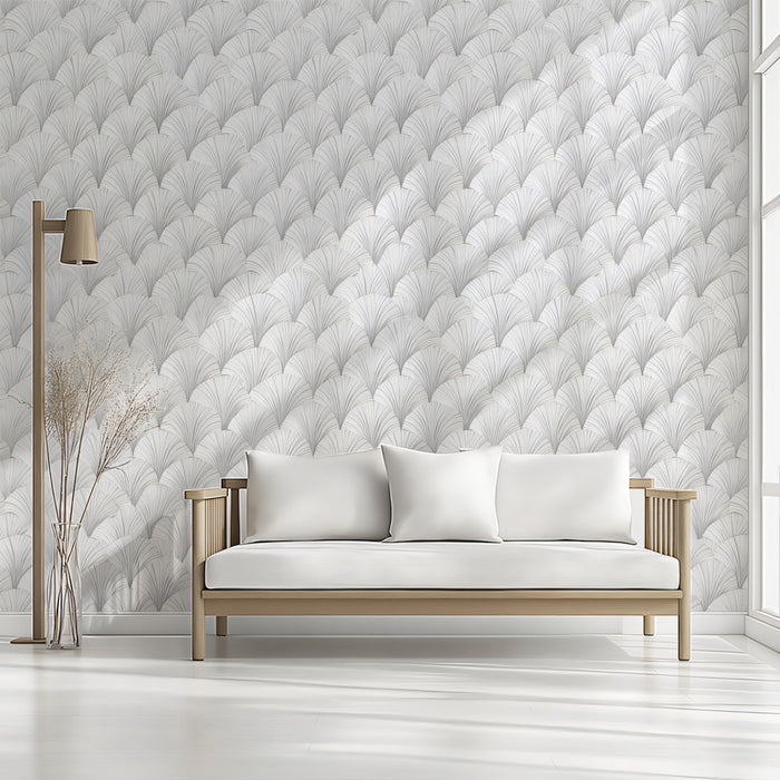 Geometric Scallop Fan Pattern Dense Textured Rows Repeating Print Mural Wallpaper | Light Grey Monochrome, Modern