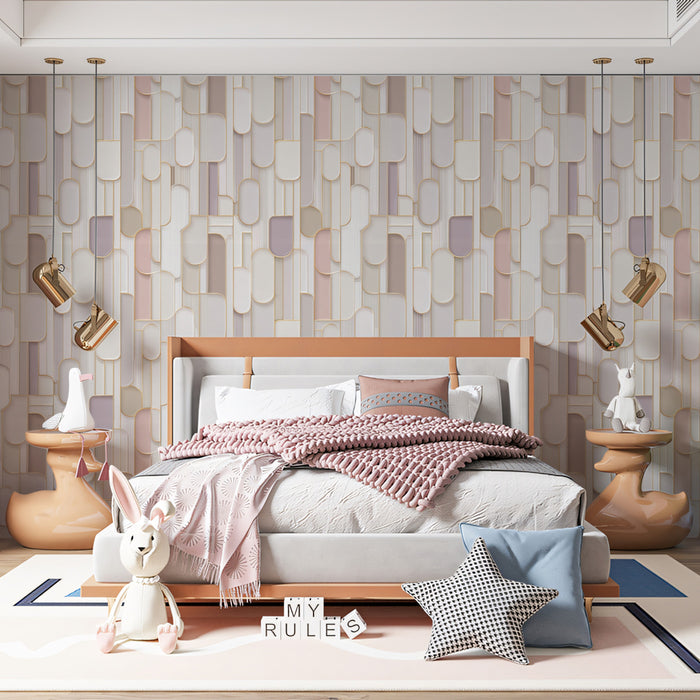 Layered Capsule Geometric Pastel Tones Repeating Print Mural Wallpaper | Soft Modern Design, Dusty Pink