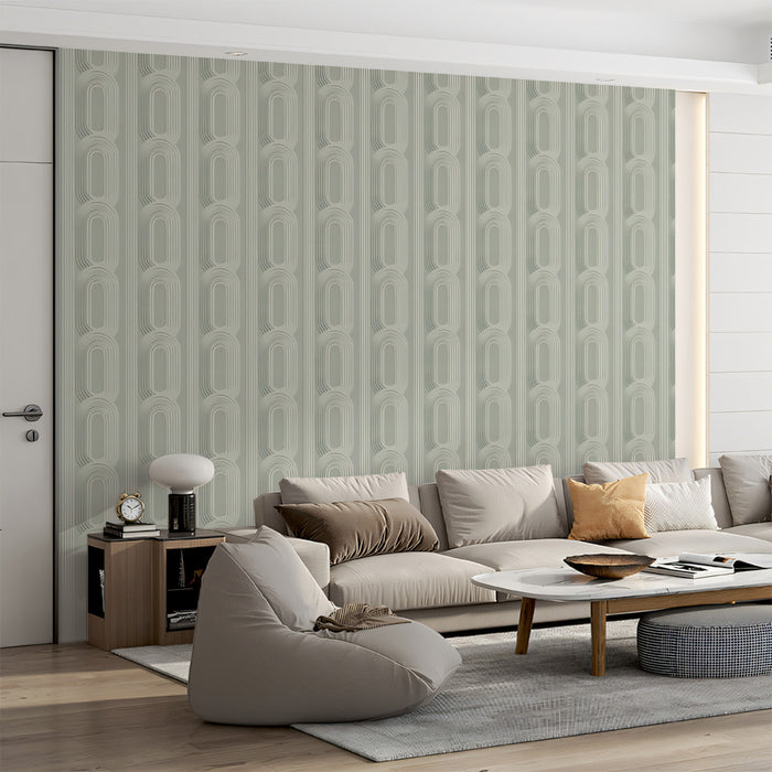 Sculptural Ovoid Column Pale Sage Green High-Relief Monochromatic Texture Repeating Print Mural Wallpaper