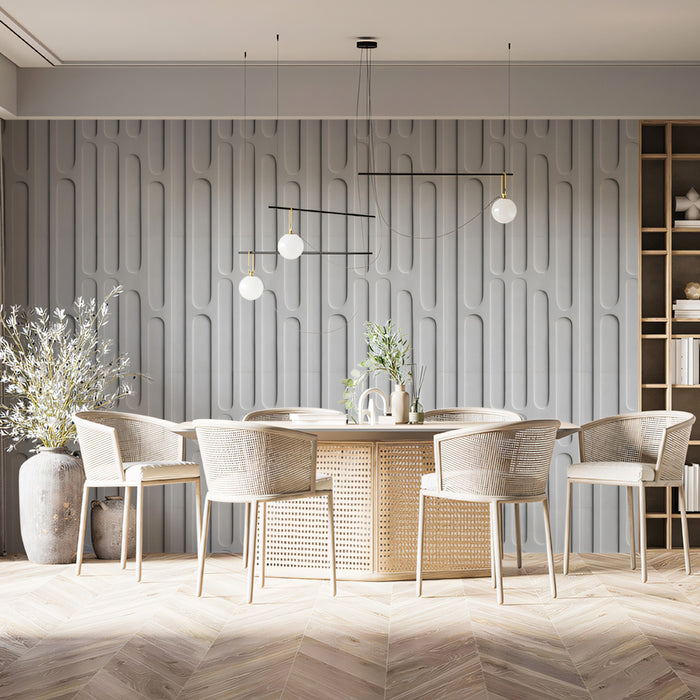 Minimalist Vertical Capsule Grid Pure White Embossed Textured Stripes Repeating Print Mural Wallpaper | Architectural