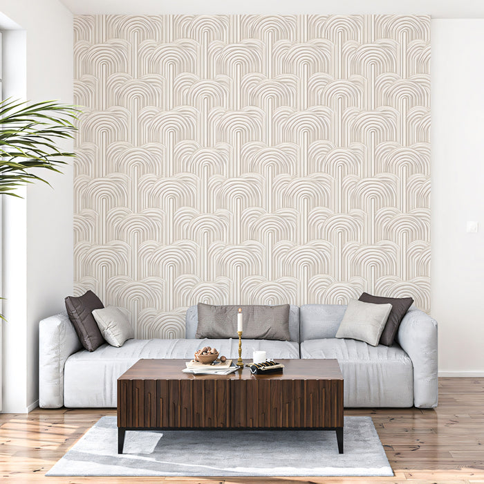 Dense Art Deco Fan Arch Mosaic High-Relief Symmetry Repeating Print Mural Wallpaper | Warm Pale Neutral Luxury