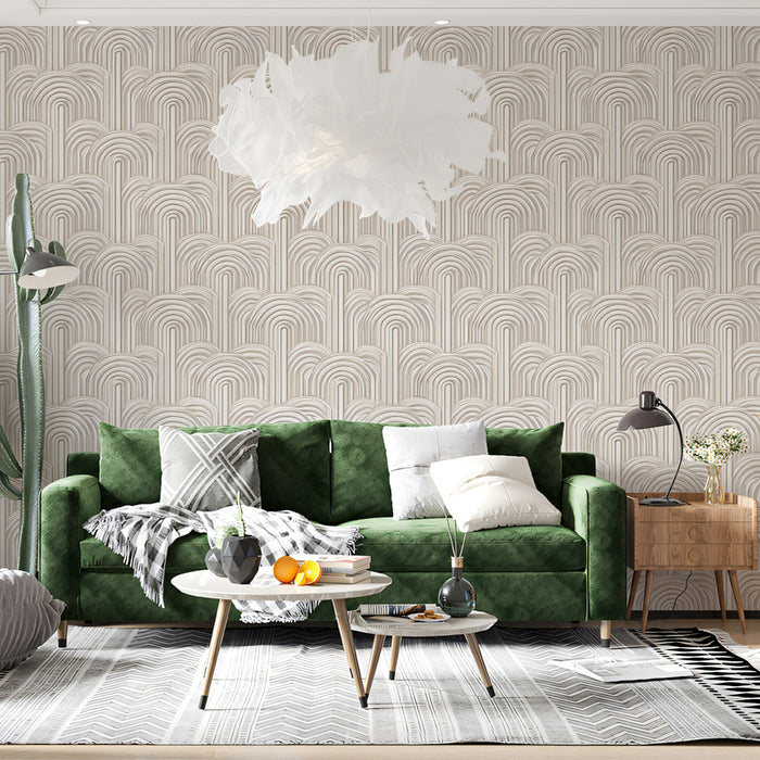 Dense Art Deco Fan Arch Mosaic High-Relief Symmetry Repeating Print Mural Wallpaper | Warm Pale Neutral Luxury