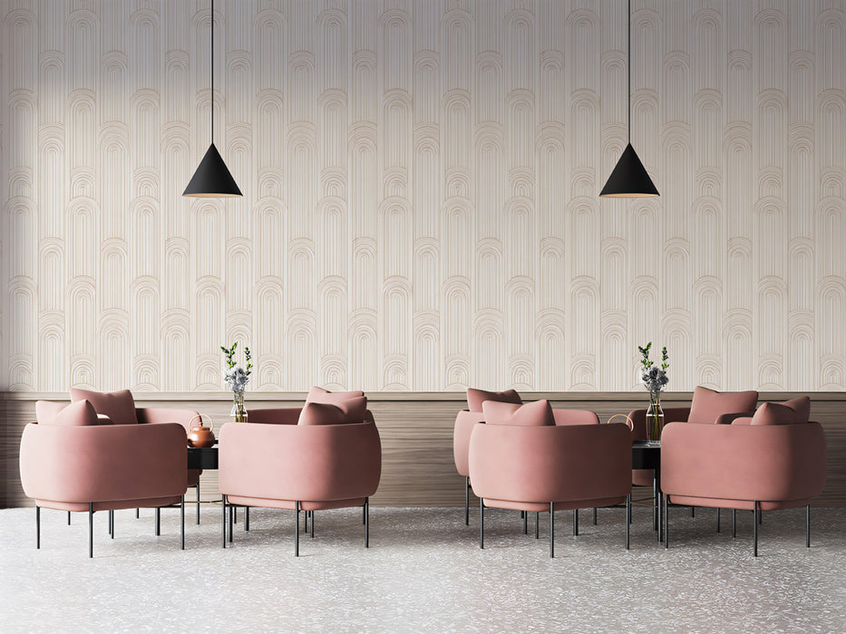 Narrow Vertical Flute and Arch Fine Linear Texture Repeating Print Mural Wallpaper | Warm Beige Sophistication