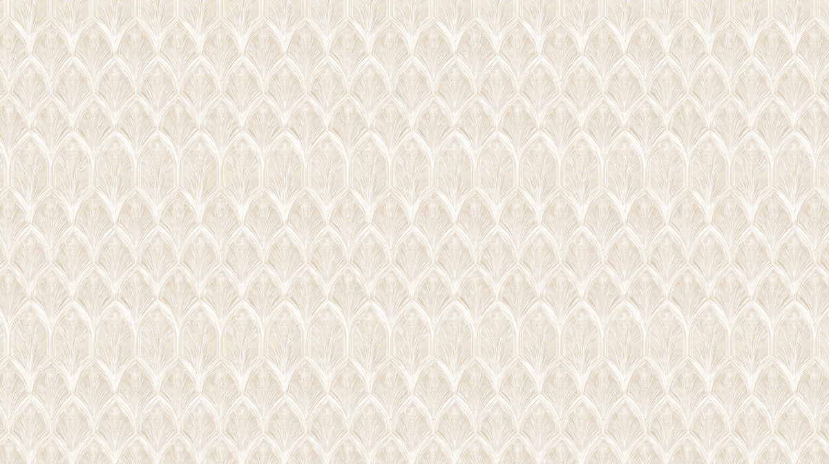 Monochromatic Art Deco Fan Pattern Subtle Layered Motif Repeating Print Mural Wallpaper | Pale Cream Classic Sophistication