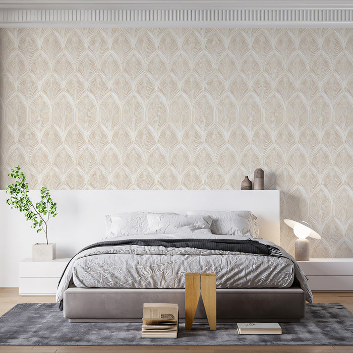 Monochromatic Art Deco Fan Pattern Subtle Layered Motif Repeating Print Mural Wallpaper | Pale Cream Classic Sophistication