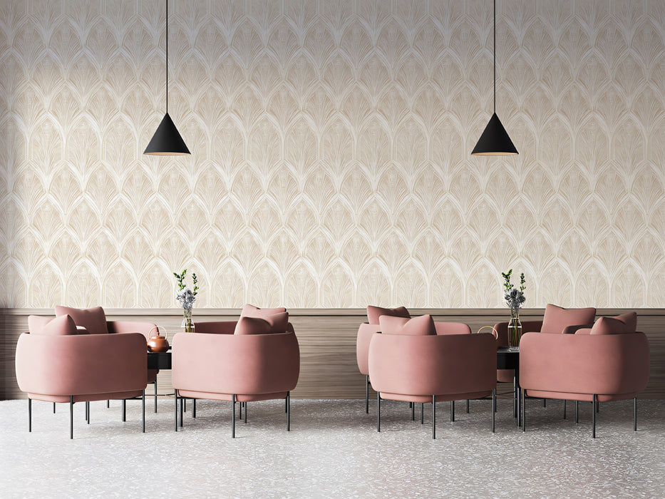 Monochromatic Art Deco Fan Pattern Subtle Layered Motif Repeating Print Mural Wallpaper | Pale Cream Classic Sophistication