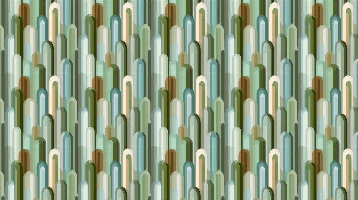 Cool-Toned Capsule Cluster Vertical Geometry Retro Green Teal Palette Repeating Print Mural Wallpaper