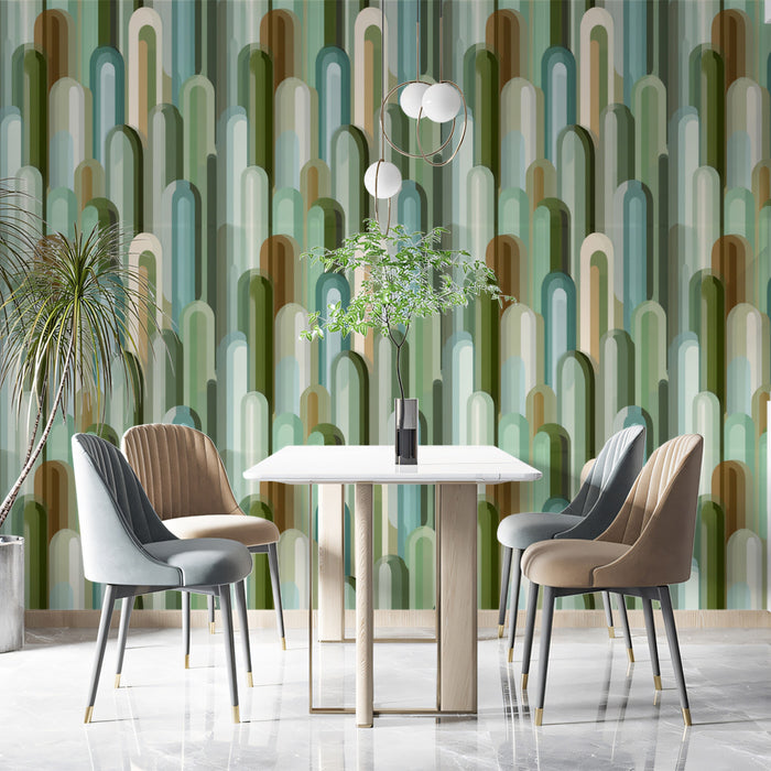 Cool-Toned Capsule Cluster Vertical Geometry Retro Green Teal Palette Repeating Print Mural Wallpaper