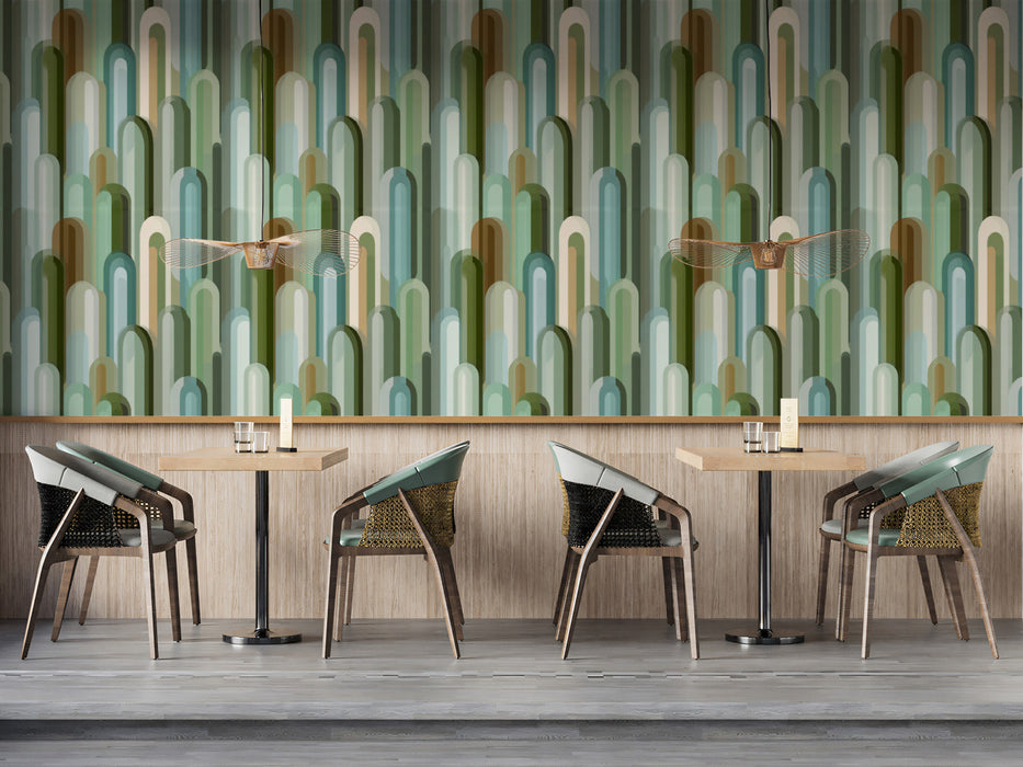 Cool-Toned Capsule Cluster Vertical Geometry Retro Green Teal Palette Repeating Print Mural Wallpaper