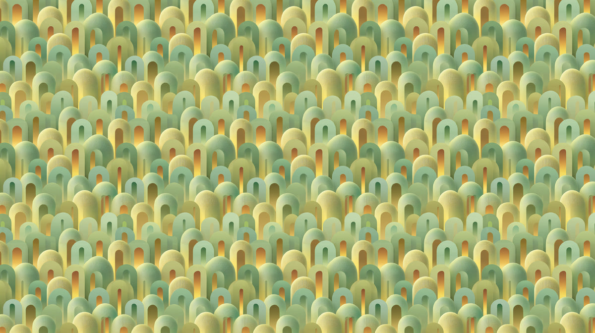 Abstract Earthy Arch Cluster Soft Green Gold Tones Rounded 3D Texture Repeating Print Mural Wallpaper