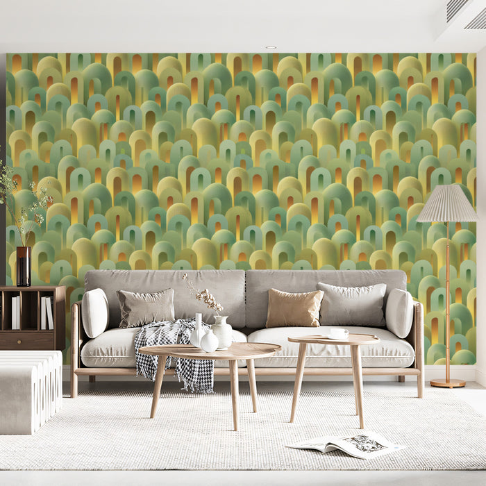 Abstract Earthy Arch Cluster Soft Green Gold Tones Rounded 3D Texture Repeating Print Mural Wallpaper