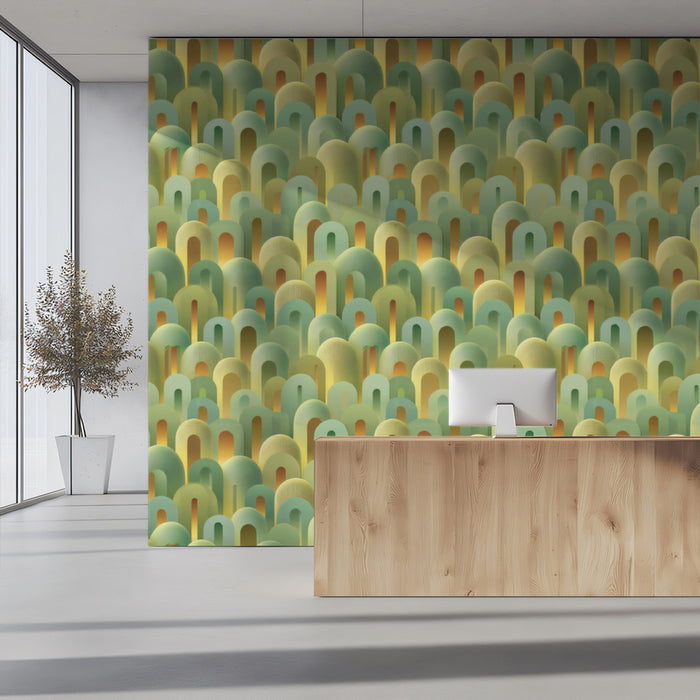 Abstract Earthy Arch Cluster Soft Green Gold Tones Rounded 3D Texture Repeating Print Mural Wallpaper