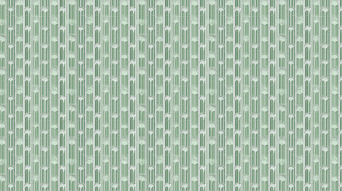 Monochromatic Arch Flute Column Dense Vertical Geometry Repeating Print Mural Wallpaper | Pale Sage Green Architectural