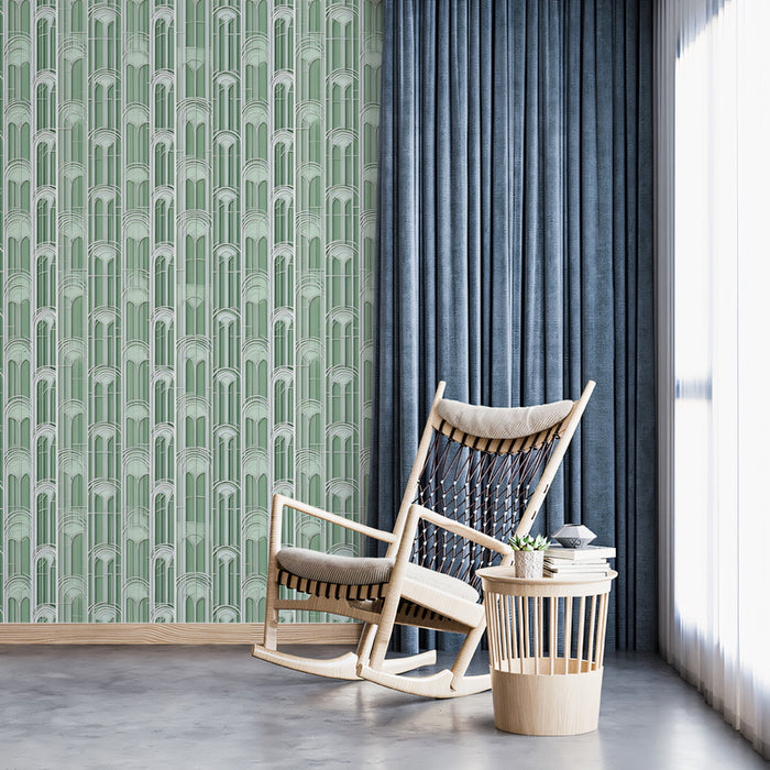 Monochromatic Arch Flute Column Dense Vertical Geometry Repeating Print Mural Wallpaper | Pale Sage Green Architectural