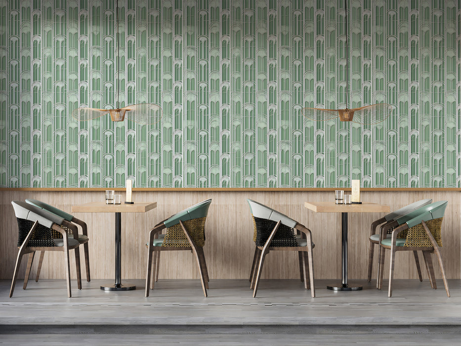 Monochromatic Arch Flute Column Dense Vertical Geometry Repeating Print Mural Wallpaper | Pale Sage Green Architectural