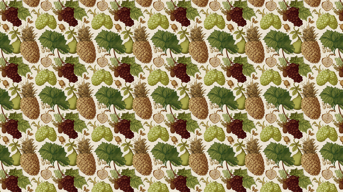 Vintage Tropical Fruit Grape Vine Botanical Engraving Earth Tones Repeating Print Mural Wallpaper | Classic Detailing