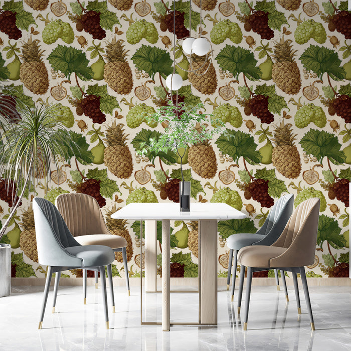 Vintage Tropical Fruit Grape Vine Botanical Engraving Earth Tones Repeating Print Mural Wallpaper | Classic Detailing
