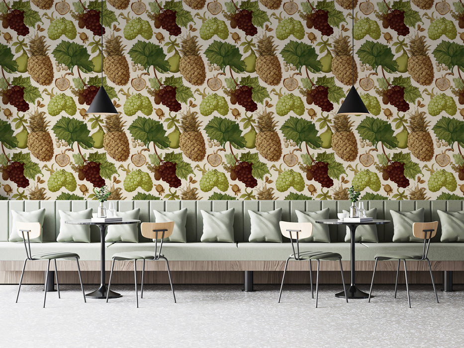 Vintage Tropical Fruit Grape Vine Botanical Engraving Earth Tones Repeating Print Mural Wallpaper | Classic Detailing