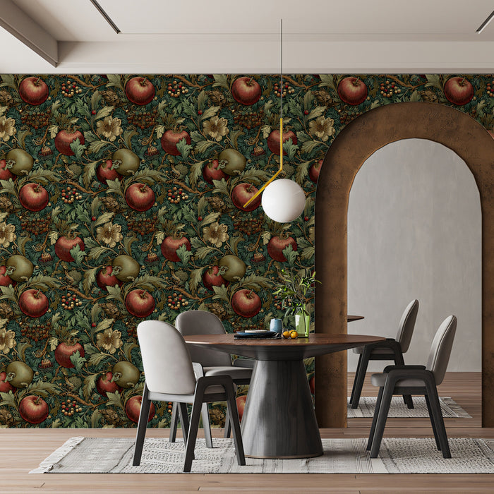 Arts and Crafts Apple Berry Vine Deep Jewel Tones Traditional Botanical Repeating Print Mural Wallpaper