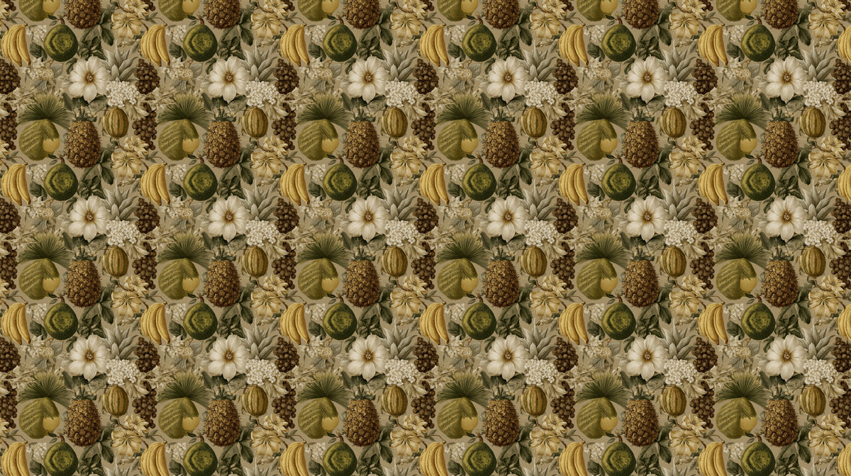 Vintage Green Tropical Harvest Pineapples Bananas Motif Repeating Print Mural Wallpaper | Neutral Exotic