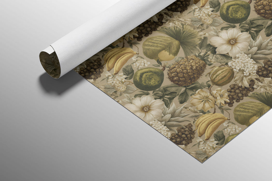 Vintage Green Tropical Harvest Pineapples Bananas Motif Repeating Print Mural Wallpaper | Neutral Exotic