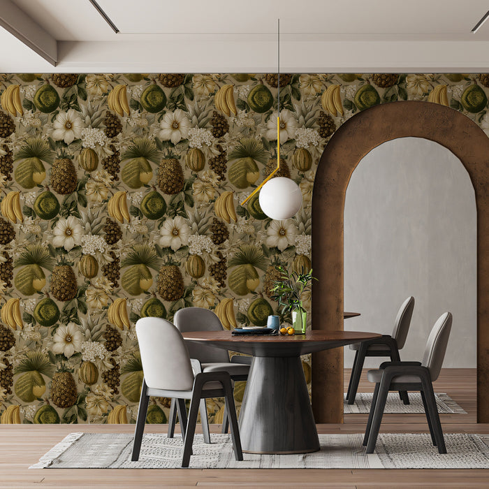 Vintage Green Tropical Harvest Pineapples Bananas Motif Repeating Print Mural Wallpaper | Neutral Exotic