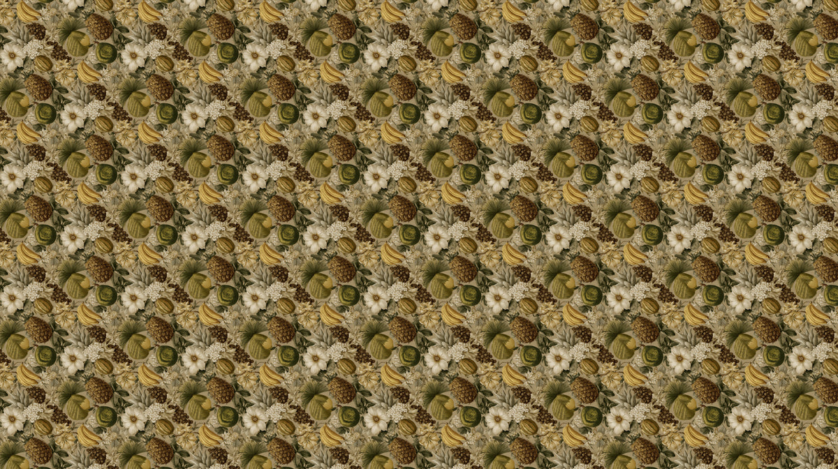 Vintage Banana Pineapple Botanical Dense Tropical Motif Repeating Print Mural Wallpaper | Earthy Tones Cozy