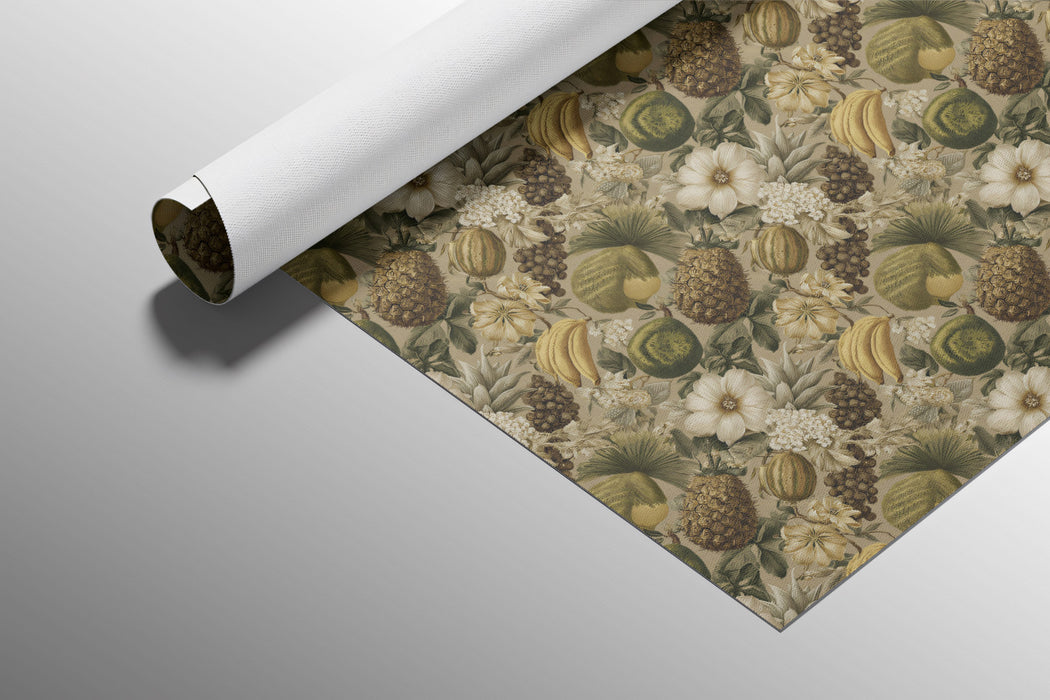 Vintage Banana Pineapple Botanical Dense Tropical Motif Repeating Print Mural Wallpaper | Earthy Tones Cozy