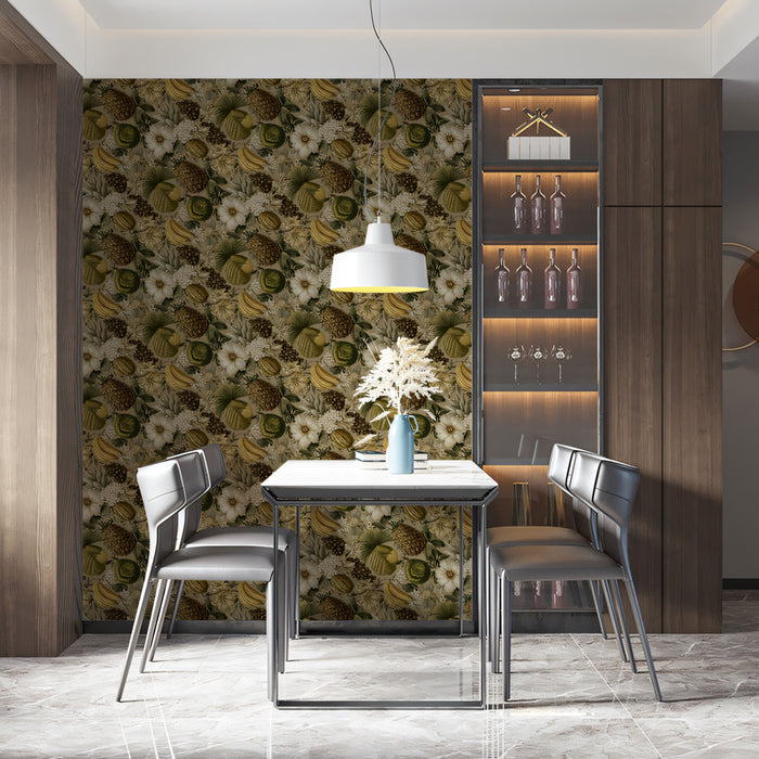 Vintage Banana Pineapple Botanical Dense Tropical Motif Repeating Print Mural Wallpaper | Earthy Tones Cozy