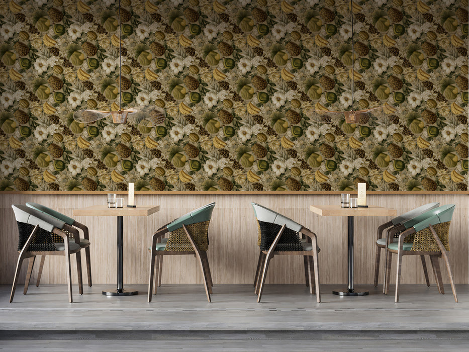 Vintage Banana Pineapple Botanical Dense Tropical Motif Repeating Print Mural Wallpaper | Earthy Tones Cozy