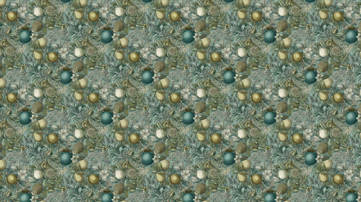 Dark Arts and Crafts Lemon Foliage Vintage Fruit Motif Repeating Print Mural Wallpaper | Deep Teal Background, Luxurious